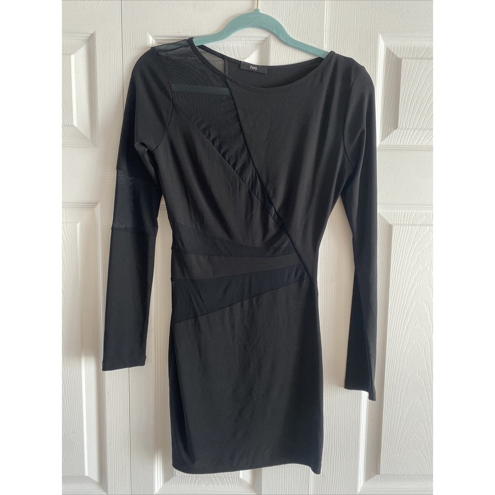 Fora Mesh Panel Bodycon Mini Dress Womens S Black Long Sleeve Sheer Sexy Edgy